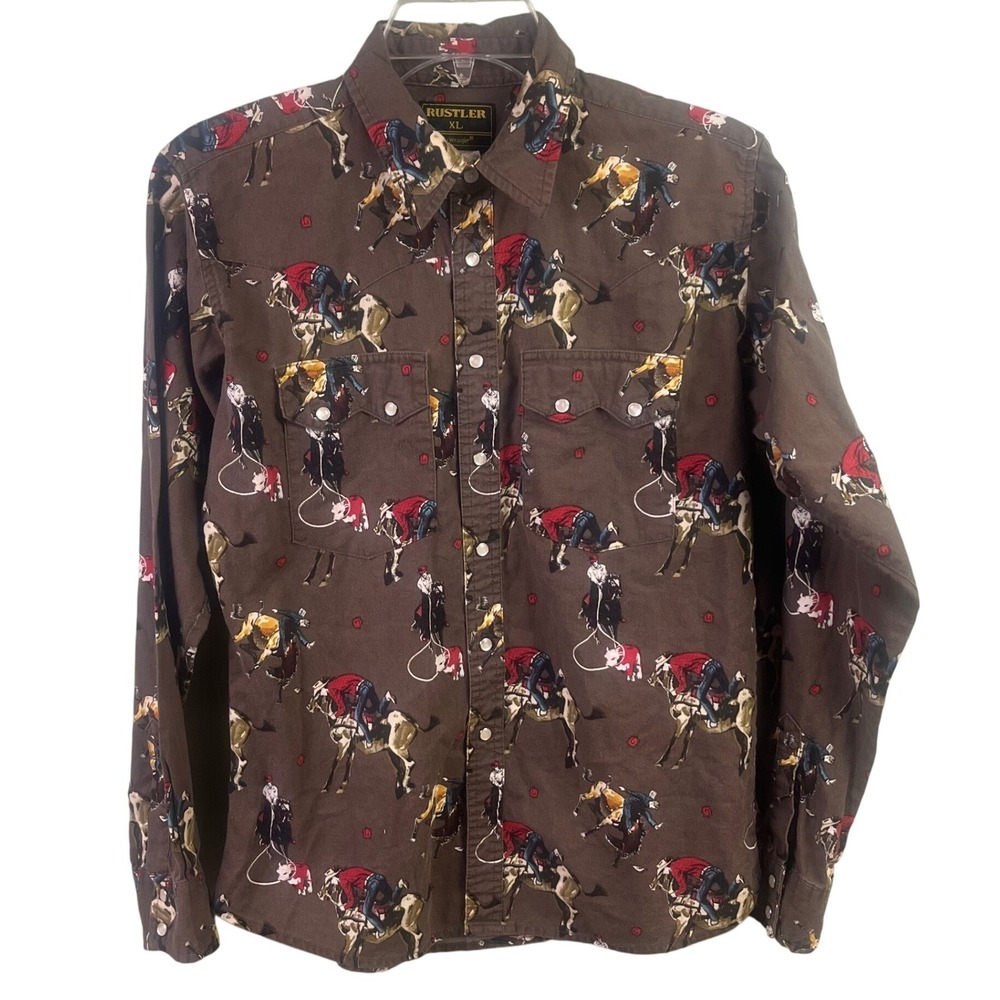 VTG Rustler Wrangler Brown Bronco Rider Rodeo Scene Pearl Snap Youth XL Shirt‎